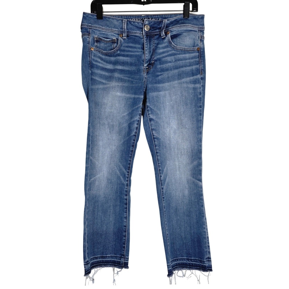 American Eagle Kick Crop Jeans Women Size 10 Blue  Super Stretch Raw Hem EUC